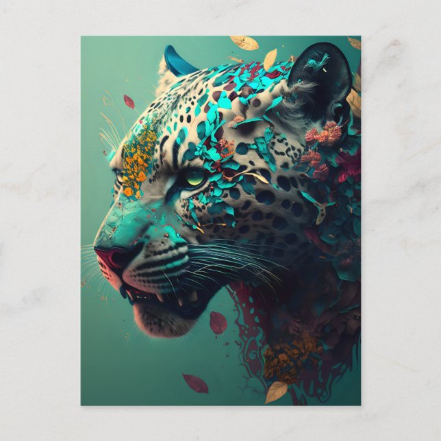 Postal Jaguar floral verde azulado y dorado (Anverso)