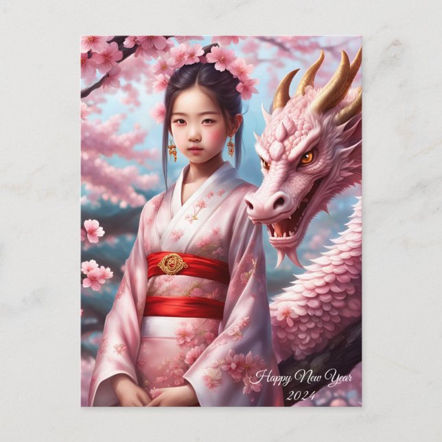 Postal Jahr des Drachen 2024 - Mädchen zwischen Kirschblü (Anverso)
