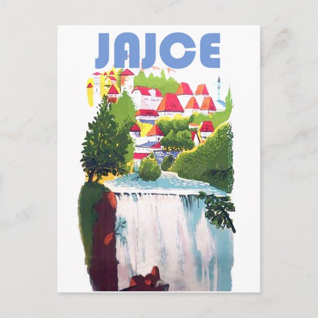 Postal Jajce, cascadas en Bosnia, Yugoslavia, vintage (Anverso)