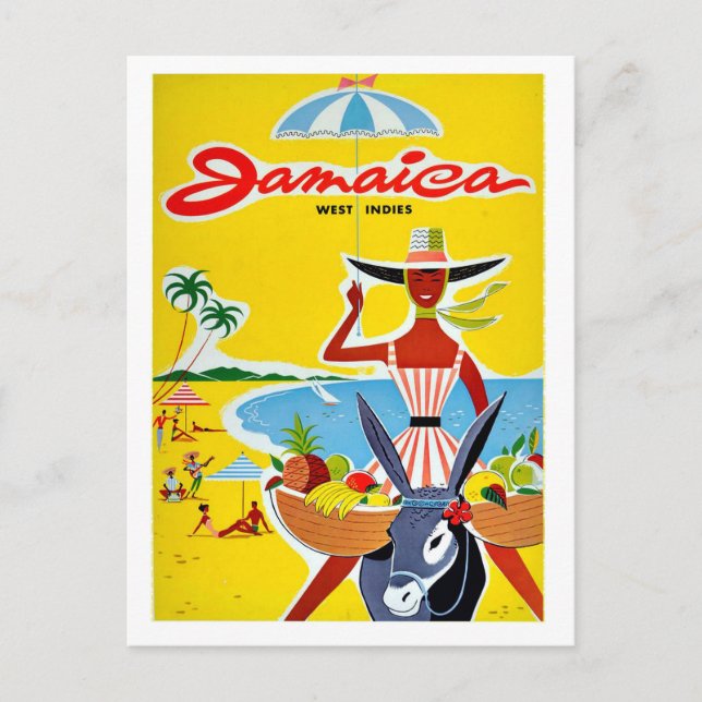 Postal Jamaica, mujer con paraguas, viaje vintage (Anverso)