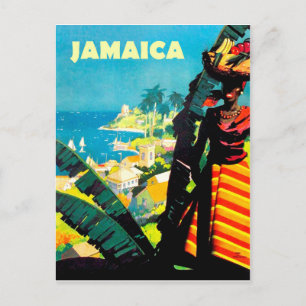 Postal Jamaica, mujer jamaicana con canasta de frutas en 