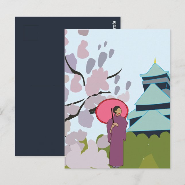 Postal Japón: Cerezo en flor Geisha Kimono Japón (Anverso / Reverso)