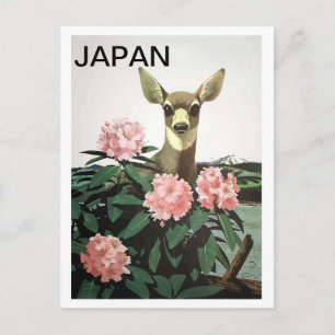 Postal Japón, ciervo en un arbusto de flores, viaje vinta