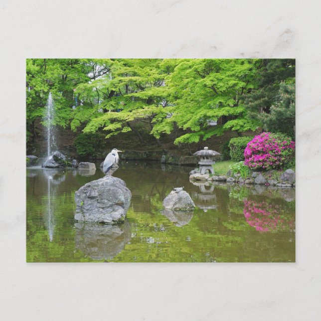 Postal Japón, Kioto. Perón con hojas verdes frescas (Anverso)