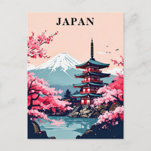 Postal Japón Monte Fuji, Pagoda y Flor de Cerezo