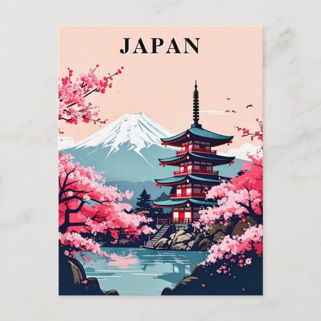 Postal Japón Monte Fuji, Pagoda y Florencia de Cerezos (Anverso)