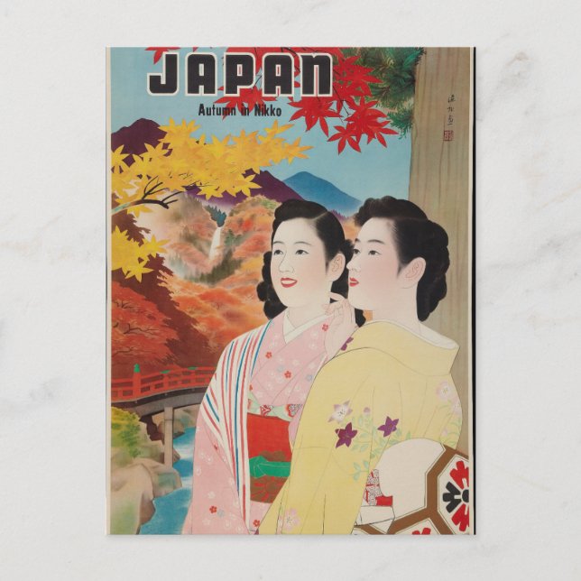 Postal Japón original en otoño afiche de época de Nikko 5 (Anverso)