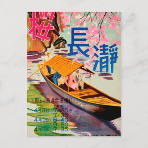 Postal Japón, turistas en barco tradicional japonés