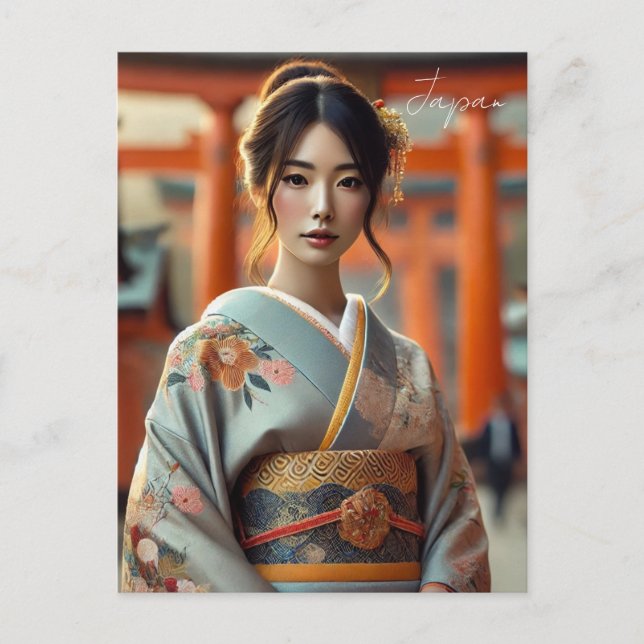 Postal Japonesa en tradicional Kimono Torii (Anverso)