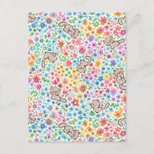 Postal Jardín Caprichoso de Pebble Gato Gris y Floral Bri