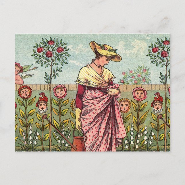 Postal Jardín Crecer Flor Mujer Arte Antiguo (Anverso)