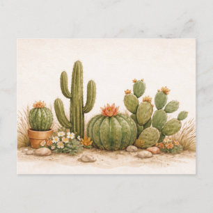 Postal Jardín de Cactus del Desierto con Acuarela Suave N