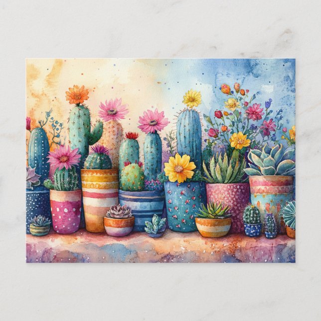 Postal Jardín de Cactus y Flores en Acuarela (Anverso)