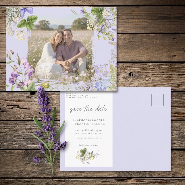 Postal Jardín de flores silvestres de lavanda, foto para  (Lavender Wildflower Garden Save the Date Photo Postcard)