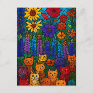Postal Jardín de Gatos Arte de Gato de Vidrio Emplomado c