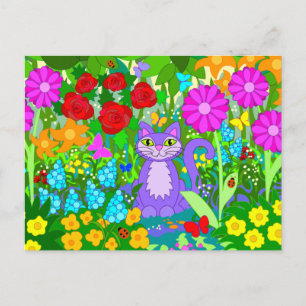Postal Jardín de Gatos Flores Coloridas Mariposas Mariqui