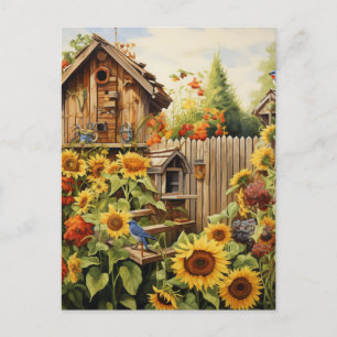 Postal Jardín de Girasoles 2 Casas de Pájaros Pájaros Azu