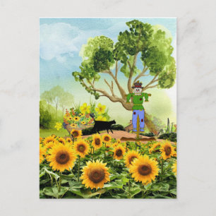 Postal Jardín de Girasoles al Estilo de Granja Rústica