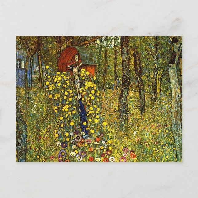 Postal Jardín de granja con Crucifijo por Gustav Klimt (Anverso)