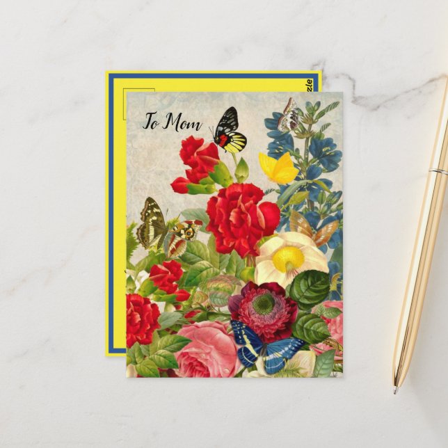 Postal Jardín de la Madre Carnaciones Rosas Mariposas (Anverso/Reverso In Situ)