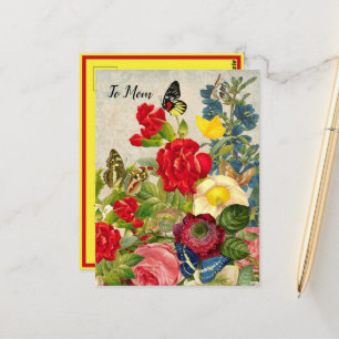 Postal Jardín de la Madre Carnaciones Rosas Mariposas