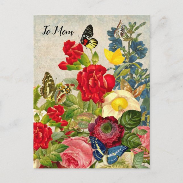 Postal Jardín de la Madre Carnaciones Rosas Mariposas (Anverso)