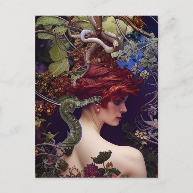 Postal Jardín de la mujer de Edén, árboles y serpientes (Anverso)