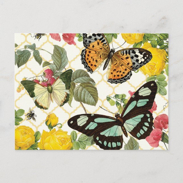 Postal jardín de mariposas vintage moderno (Anverso)
