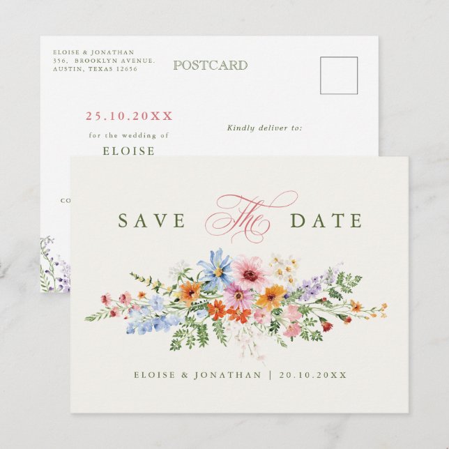 Postal Jardín de pradera primaveral de flores silvestres, (Anverso / Reverso)