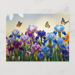 Postal Jardín de verano con flores de iris y mariposas
