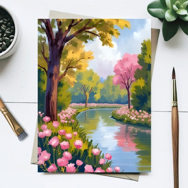 Postal Jardín del río de flores rosadas floreciendo acuar (Subido por el creador)