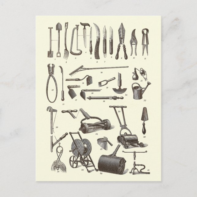 Postal Jardín elegante - Herramientas de jardín antiguo (Anverso)