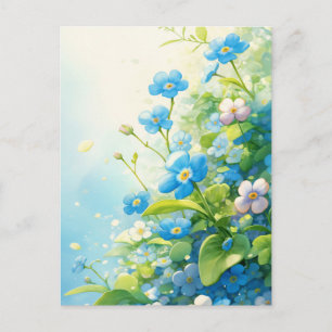 Postal Jardín Floral Azul y Blanco No me Olvides