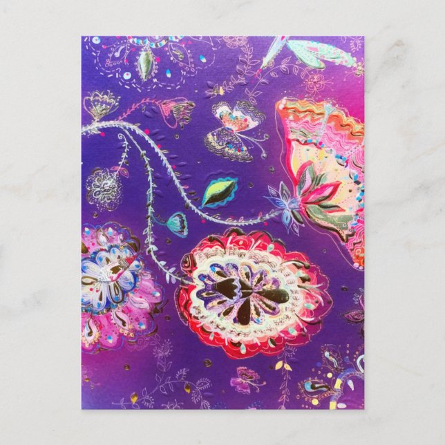 Postal Jardín floral de mariposa rosa morada (Anverso)