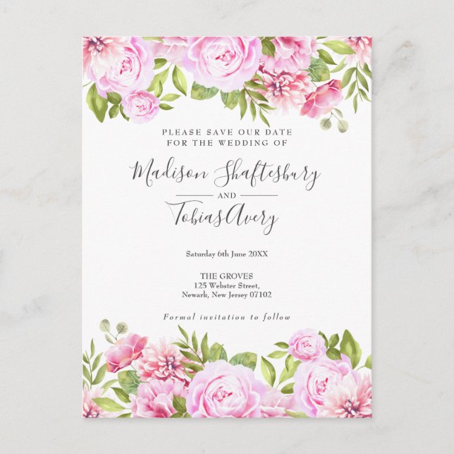Postal Jardín Floral de Rosas Rosadas Save the Date (Anverso)