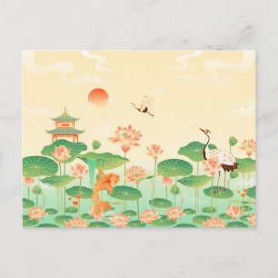 Postal Jardín Japonés Estanque de Koi y Nenúfares Arte