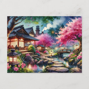Postal Jardín japonés tranquilo en pintura de primavera