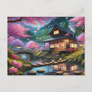 Postal Jardín japonés tranquilo en pintura de primavera