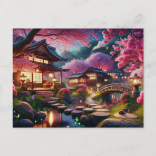 Postal Jardín japonés tranquilo en pintura de primavera