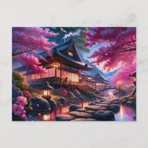 Postal Jardín Japonés Tranquilo en Pintura de Primavera