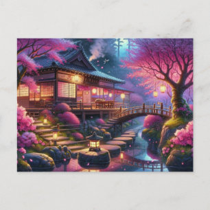 Postal Jardín Japonés Tranquilo en Pintura de Primavera