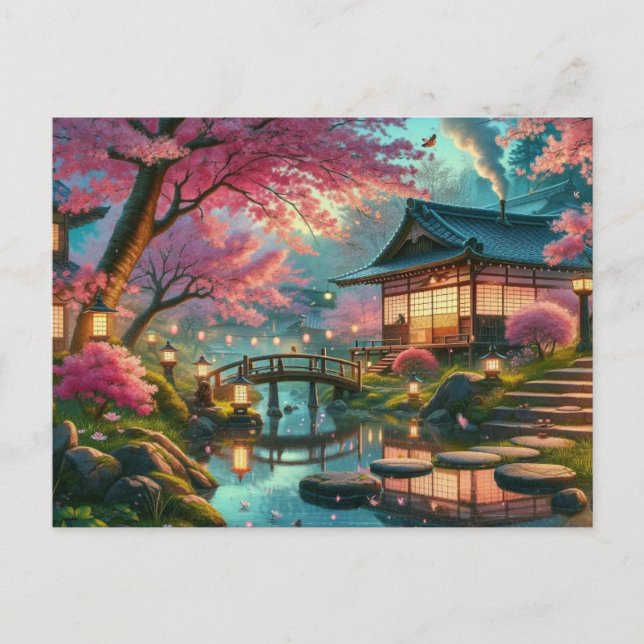 Postal Jardín Japonés Tranquilo en Pintura de Primavera (Anverso)