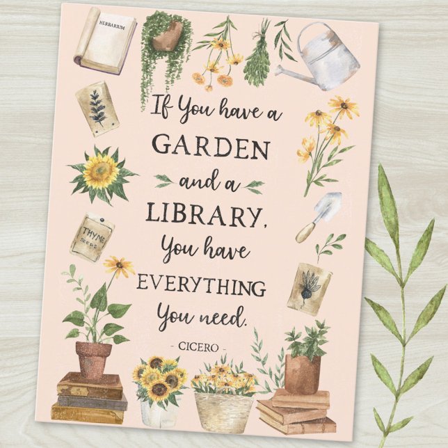 Postal Jardinería y biblioteca citan girasol y hierbas (Close up)