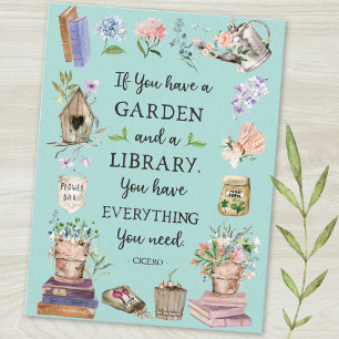 Postal Jardinería y cita de la biblioteca Jardín floral