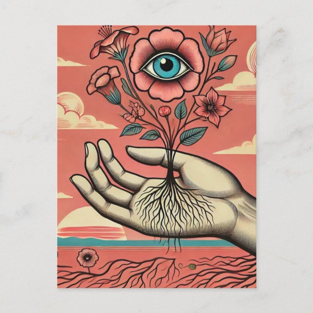 Postal Jardineros mano surrealista (Anverso)