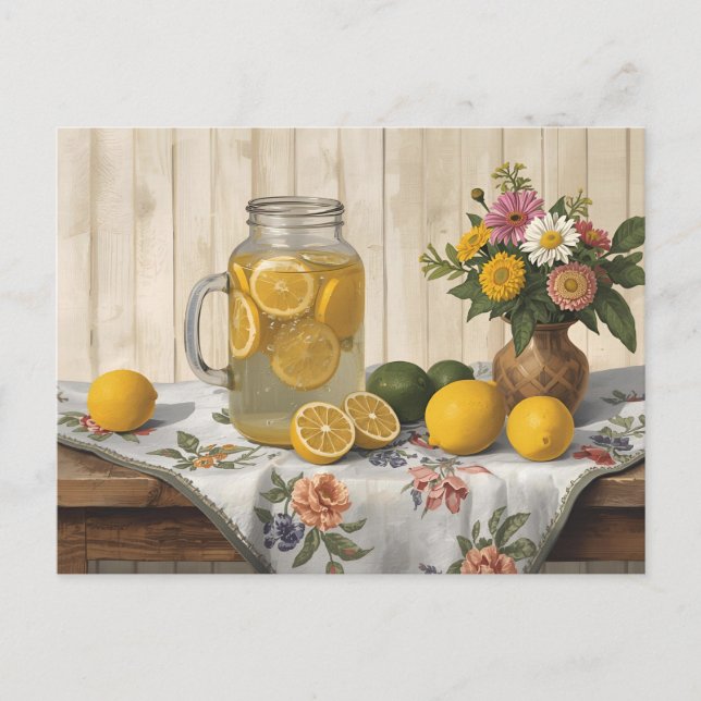 Postal Jarra de limonada estilo campestre, limones fresco (Anverso)