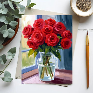 Postal Jarrón de flores de ramo de rosa roja acuarela