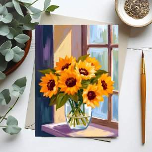 Postal Jarrón de girasoles   Aquarela de ramo floral amar