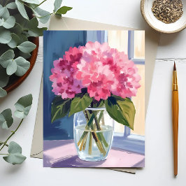 Postal Jarrón de ramo de flores de hortensias rosadas acu