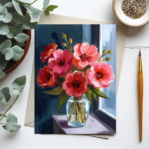 Postal Jarrón de ramo de flores rojas pintura en acuarela